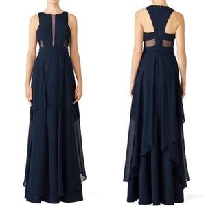 LM Collection Navy Blue Illusion Cutout Gown $338 Evening Sleeveless Mesh Tiered